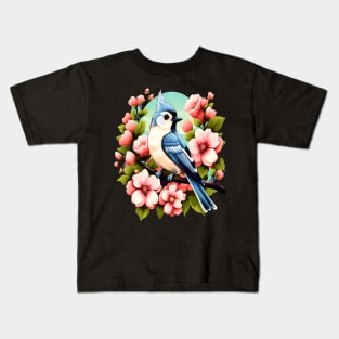 Cute Tufted Titmouse Surrounded by Vibrant Spring Flowers Kids T-Shirt